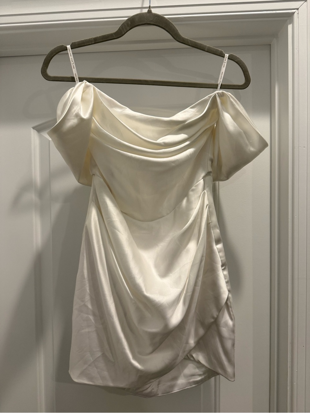 Miss Circle Ivory Satin Draped Off-Shoulder Mini Dress